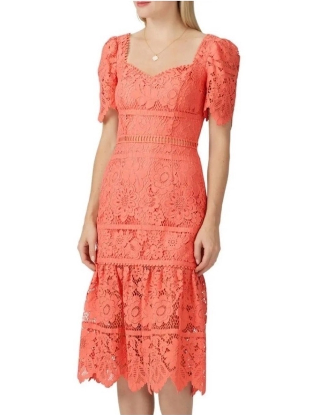 Saylor Louisa Lace Peach Coral Midi Dress | Size Small